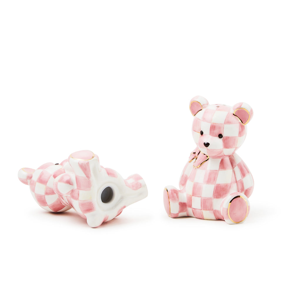 Mackenzie-Childs Rosy Check, pink and white checked bear shaped salt and pepper set