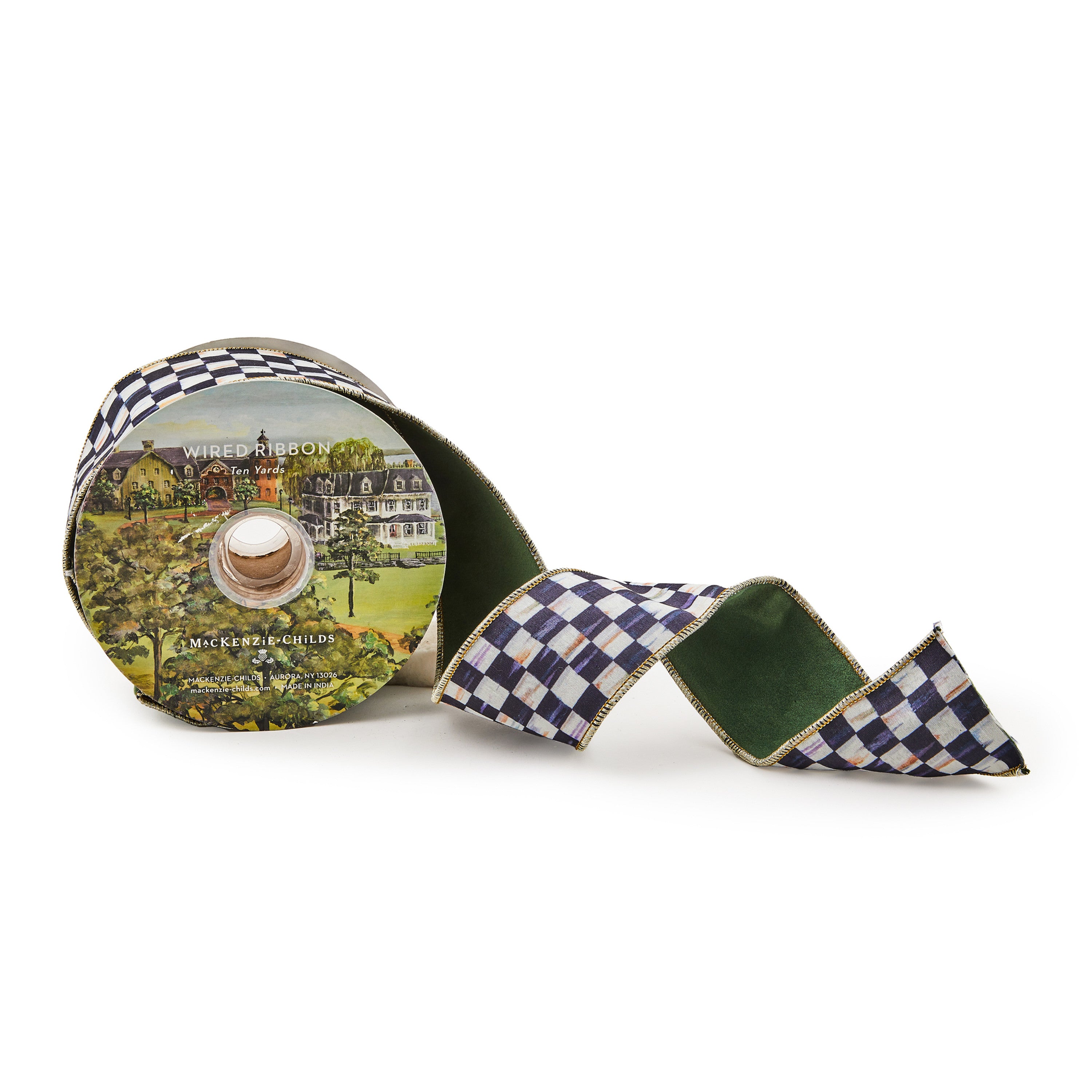 Mackenzie-Childs Courtly Check, Black and White Checked 2.5" Green Suede Backed Ribbon