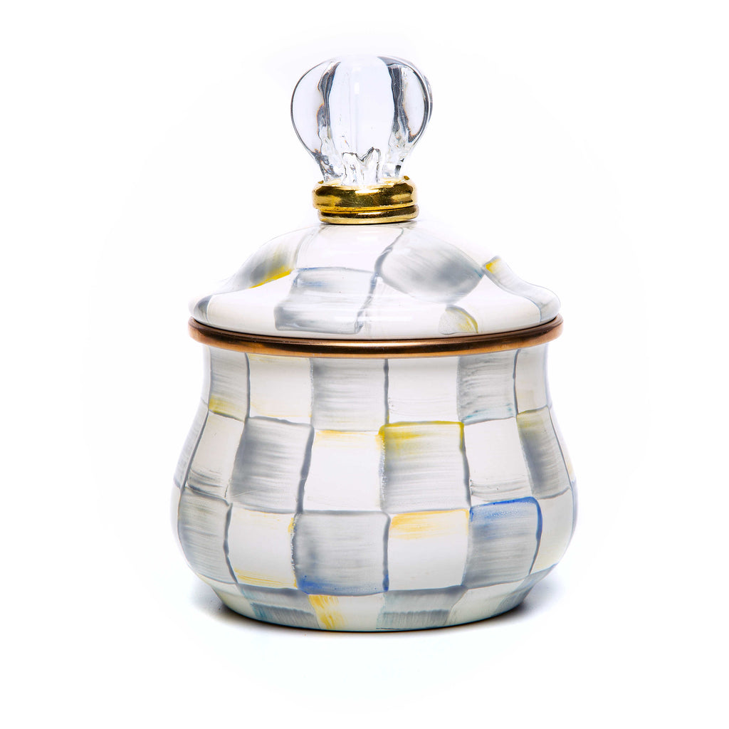 Mackenzie-Childs Sterling Check, Grey and White Checked Enamel Lidded Sugar Bowl