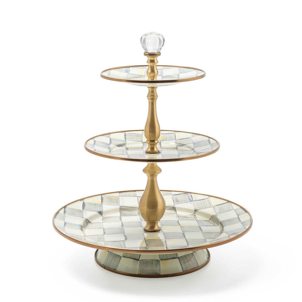 Mackenzie-Childs Sterling Check, Grey and White Checked Three Tier Sweet Stand.