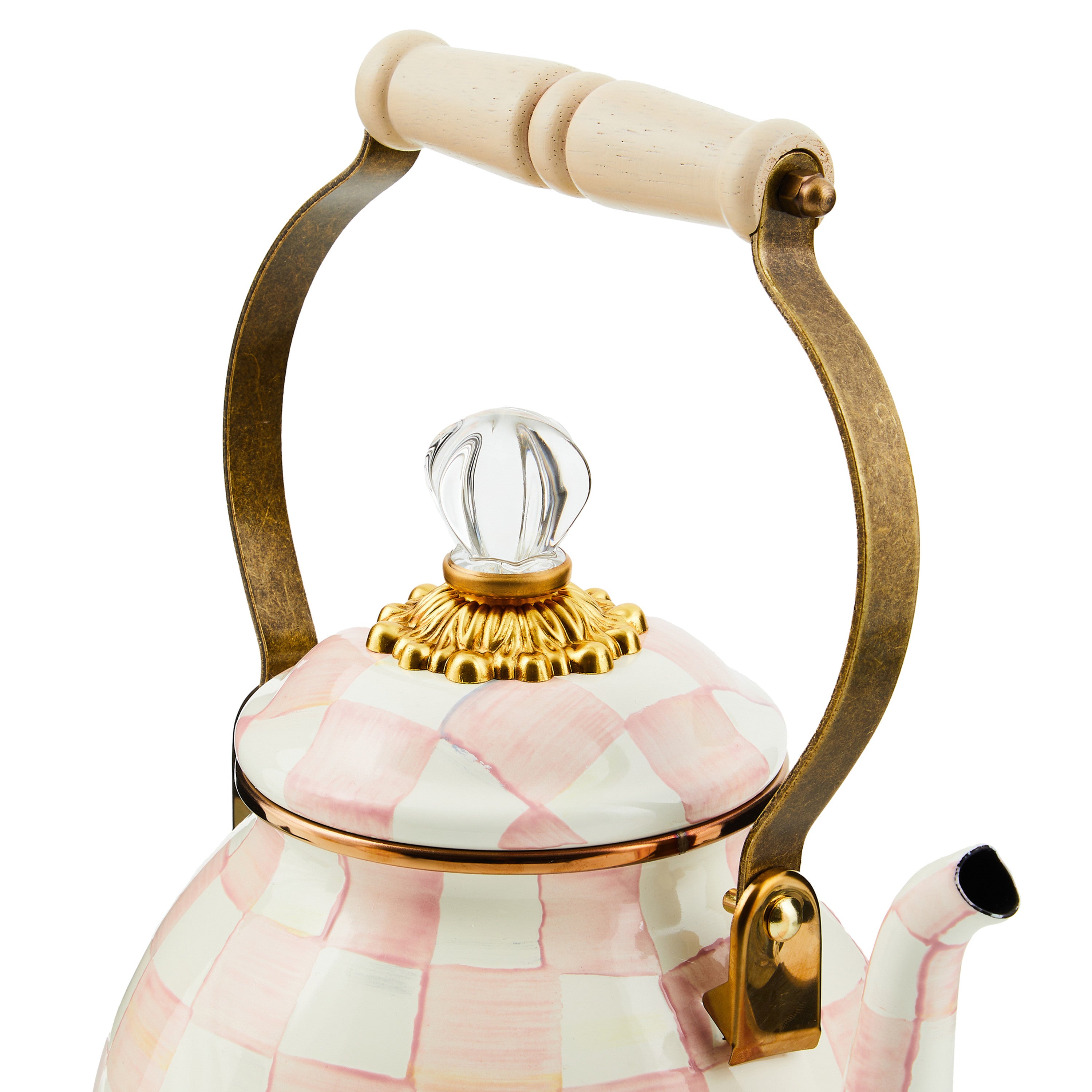 Mackenzie-Childs Rosy Check, pink and white checked 3qt tea kettle