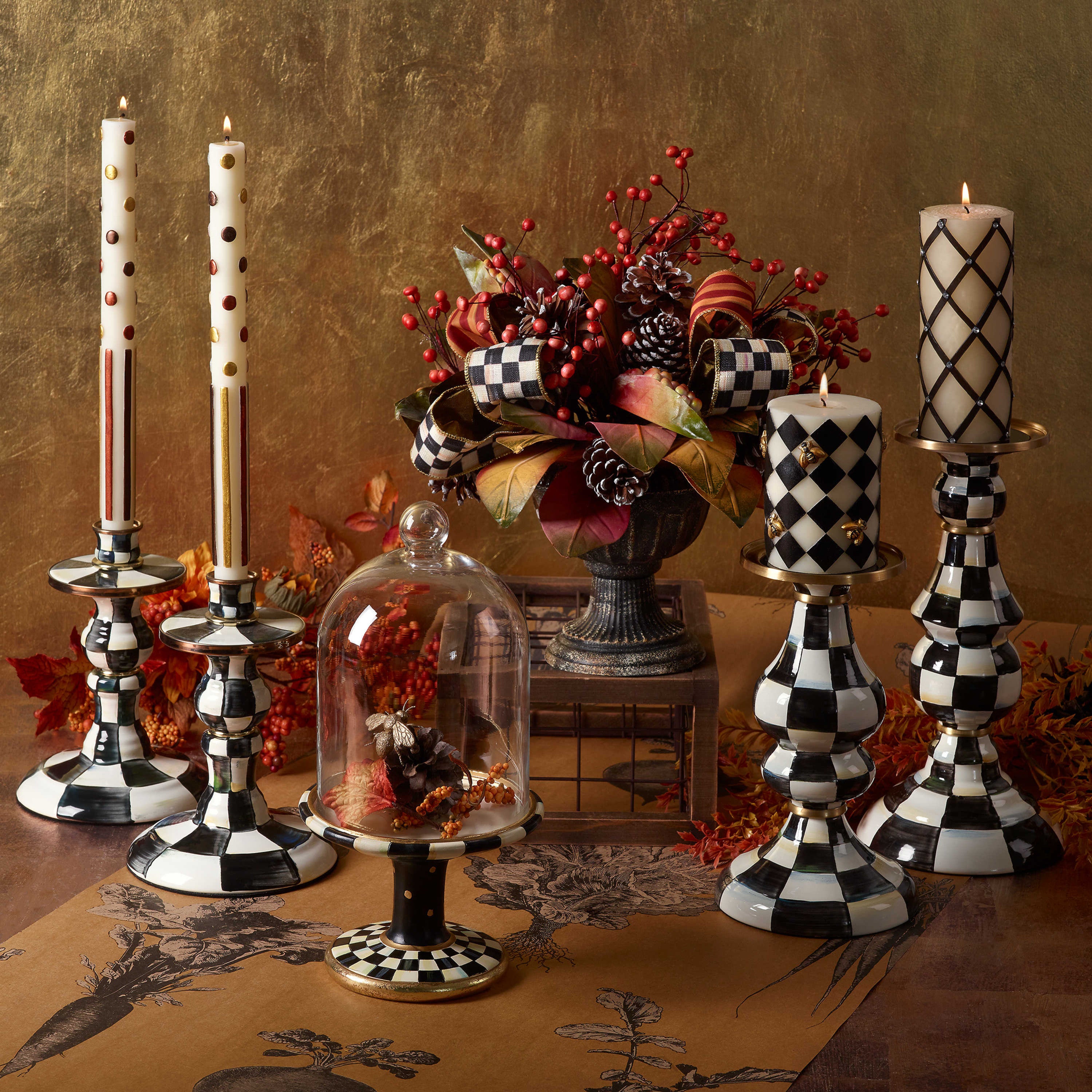 Mackenzie-Childs Courtly Check, Black and White Checked Enamel Pillar Candlestick - Large