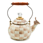 Mackenzie-Childs Mocha Check, brown and white checked whistling tea kettle