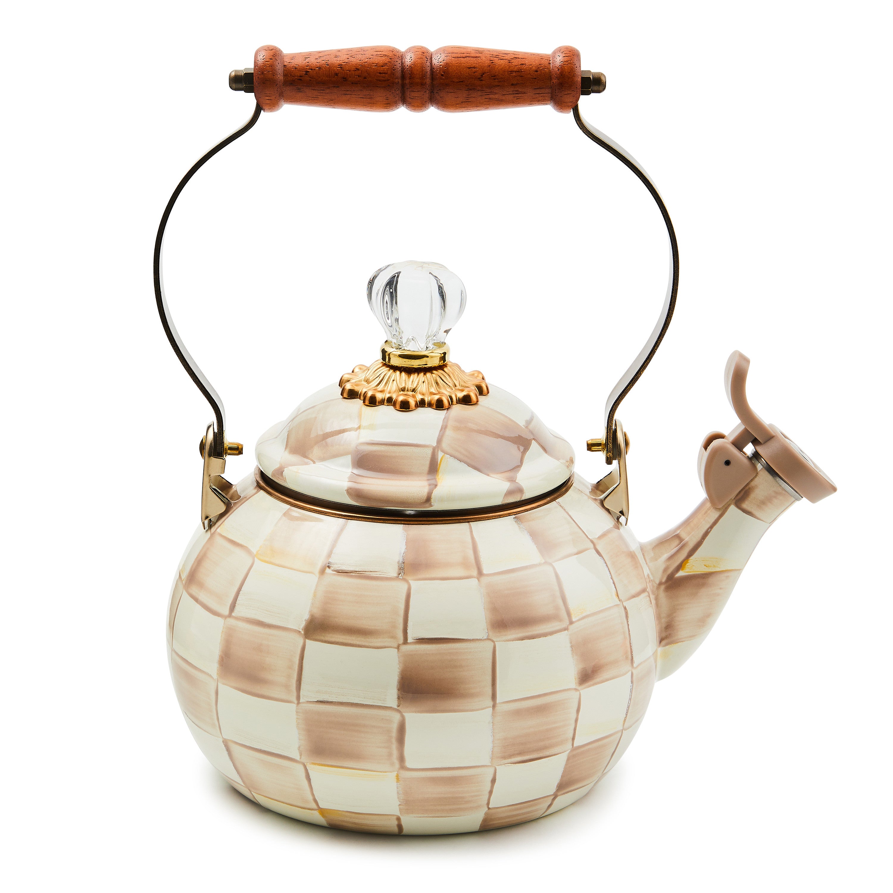 Mackenzie-Childs Mocha Check, brown and white checked whistling tea kettle
