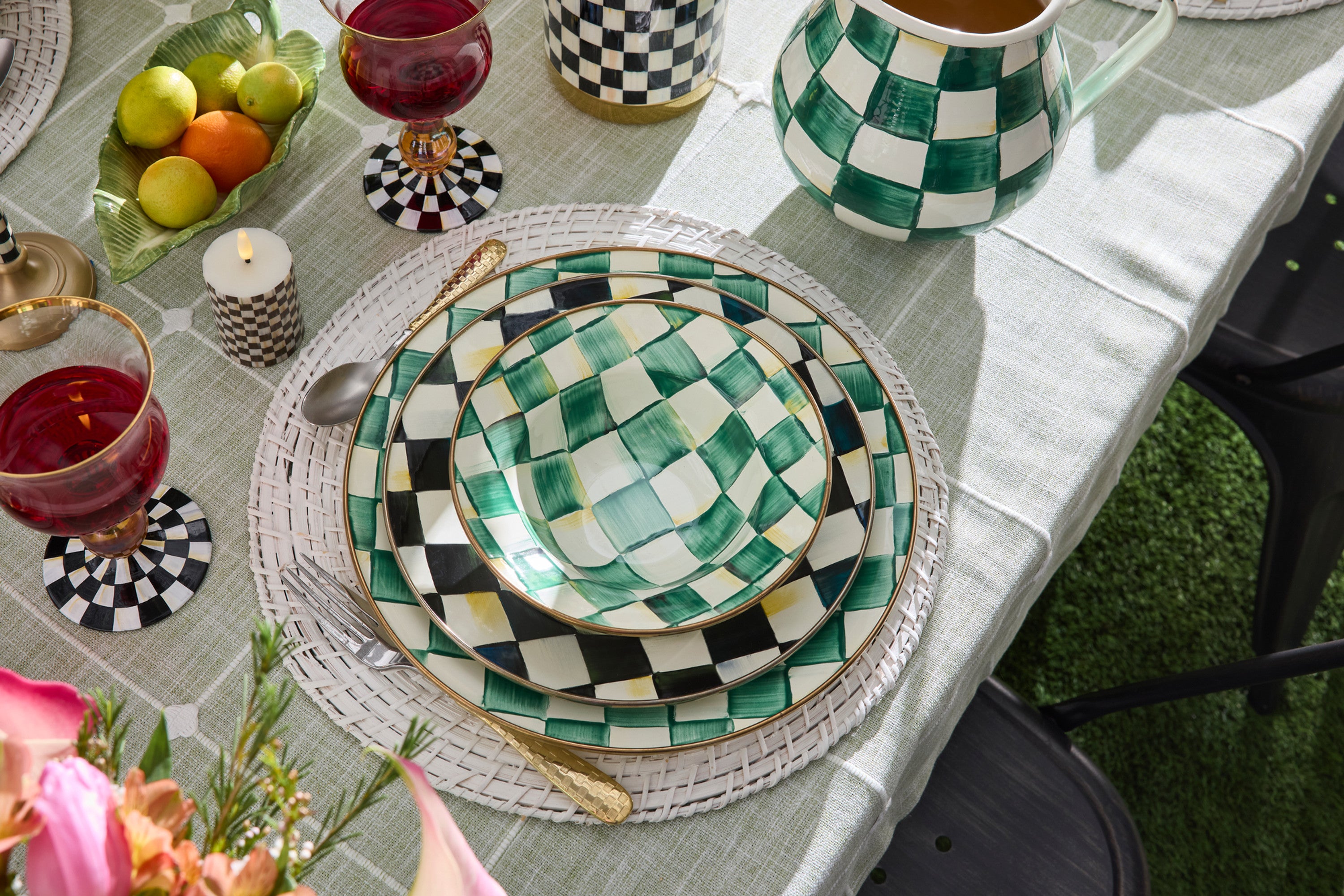 Mackenzie-Childs Emerald Check, Green and white checked dinner plate