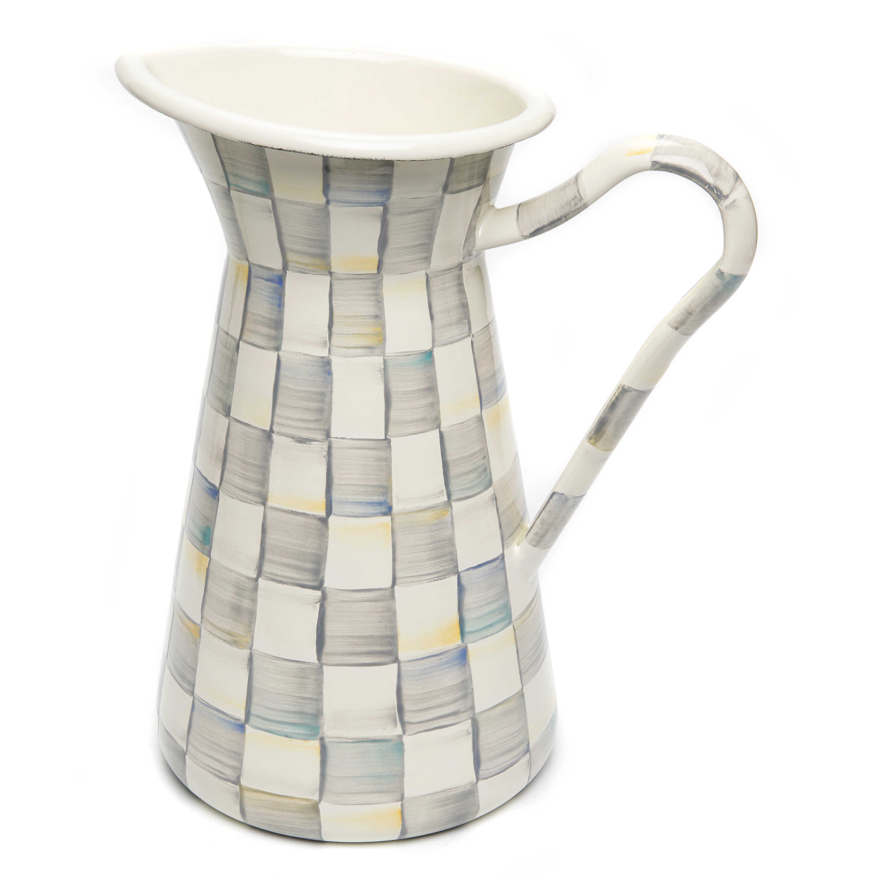 Mackenzie-Childs Sterling Check, Grey and White Checked Enamel Practical Pitcher - Large