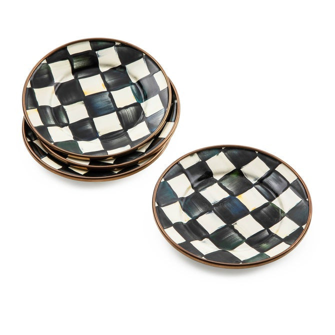 Mackenzie-Childs Courtly Check, Black and White Checked Enamel Canape Plates - set of 4