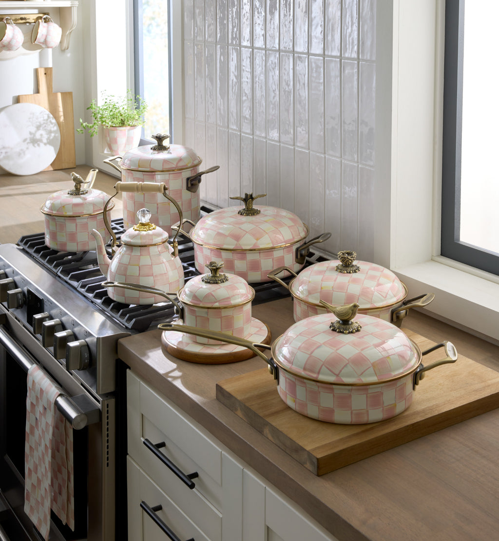 Mackenzie-Childs Rosy Check, pink and white checked 2.5qt saucepan