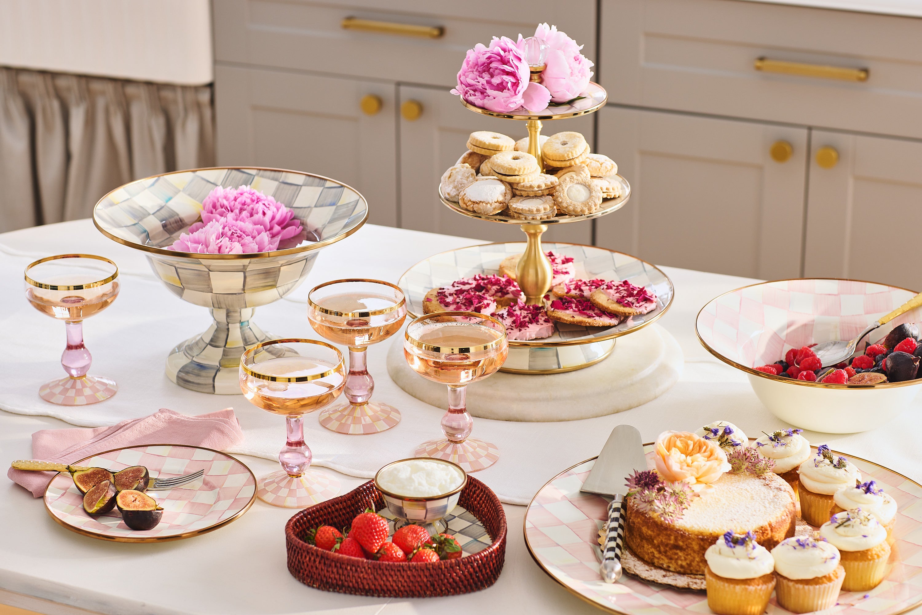 Mackenzie-Childs Sterling Check, Grey and White Checked Three Tier Sweet Stand.