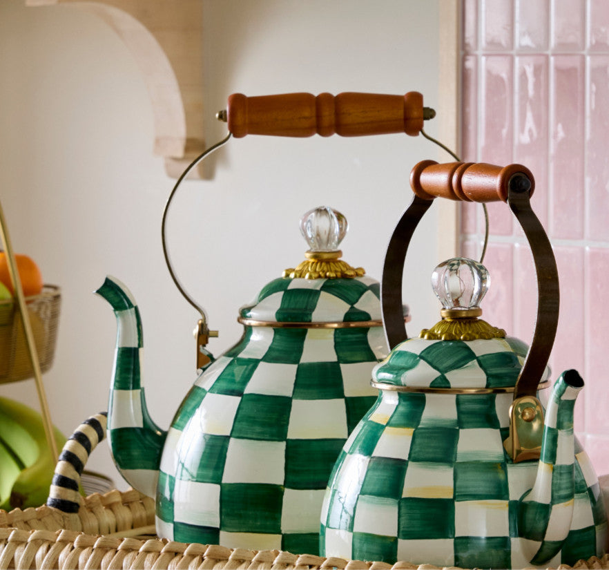 Mackenzie-Childs Emerald Check, Green and white checked 3 qaurt tea kettle