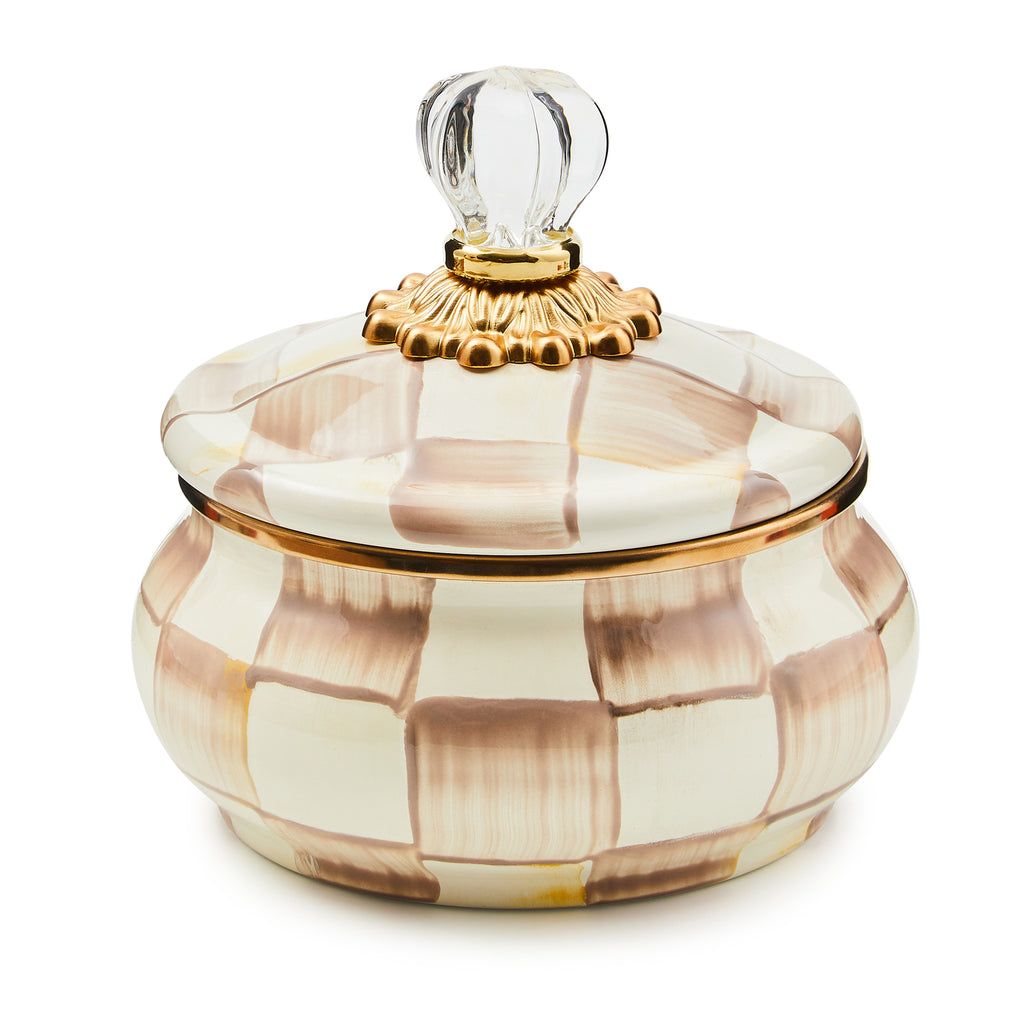 Mackenzie-Childs Mocha Check, brown and white checked squashed pot