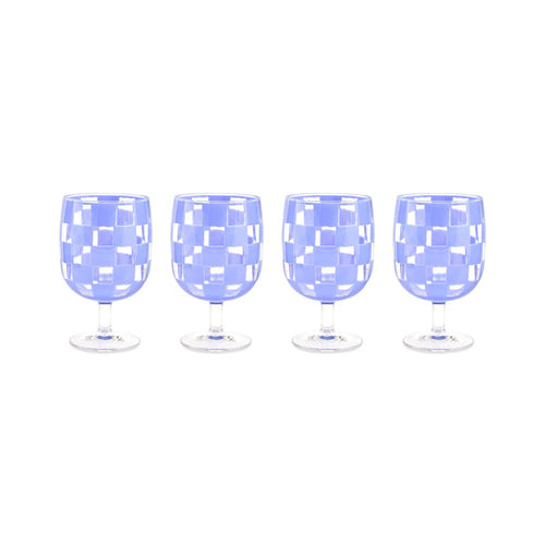 Blue Check Acrylic Water Goblets, Set of 4
