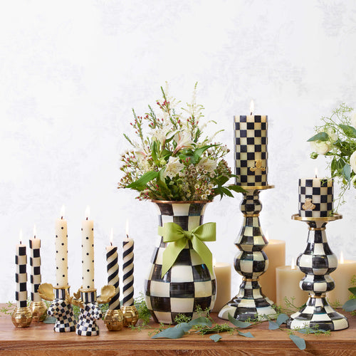 Mackenzie-Childs Courtly Check, Black and White Checked Enamel Pillar Candlestick - Large