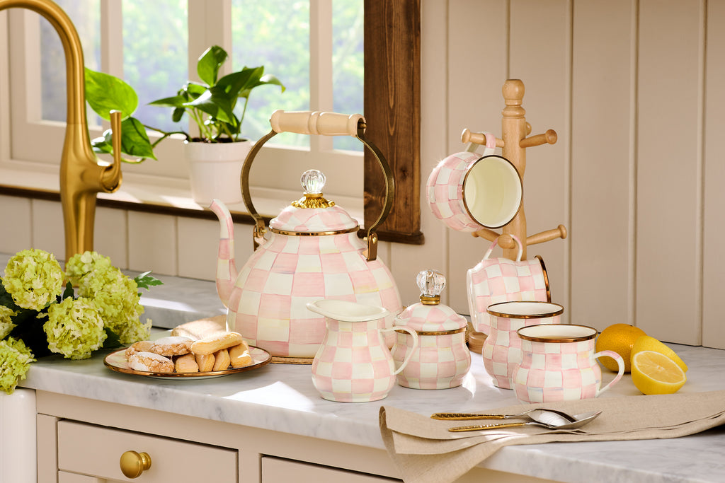 Mackenzie-Childs Rosy Check, pink and white checked enamel lidded sugar bowl
