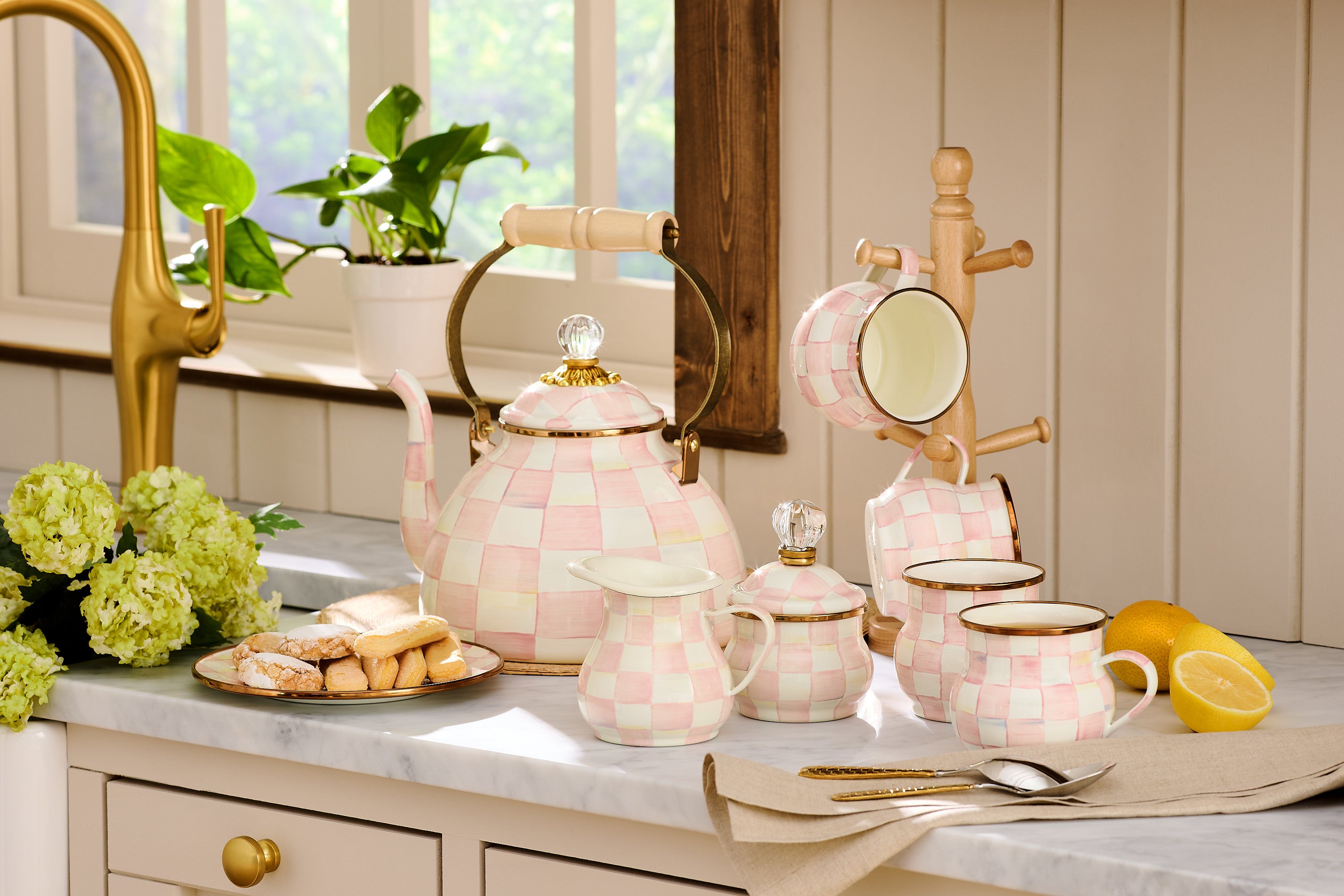 Mackenzie-Childs Rosy Check, pink and white checked enamel lidded sugar bowl