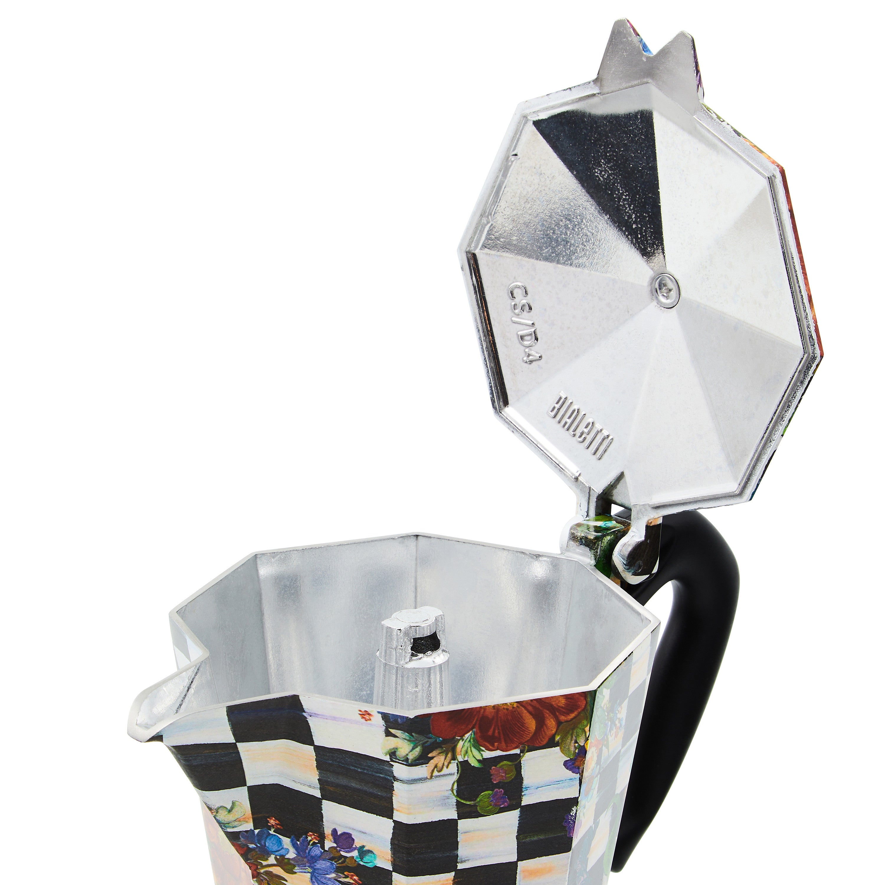 Mackenzie-Childs Courtly Check, Black and White Checked and Floral Moka pot (6 cups)