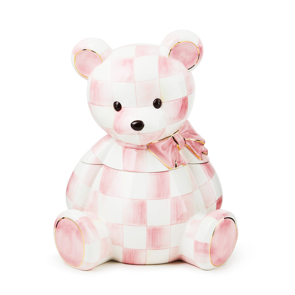 Mackenzie-Childs Rosy Check, pink and white checked, bear shaped cookie jar