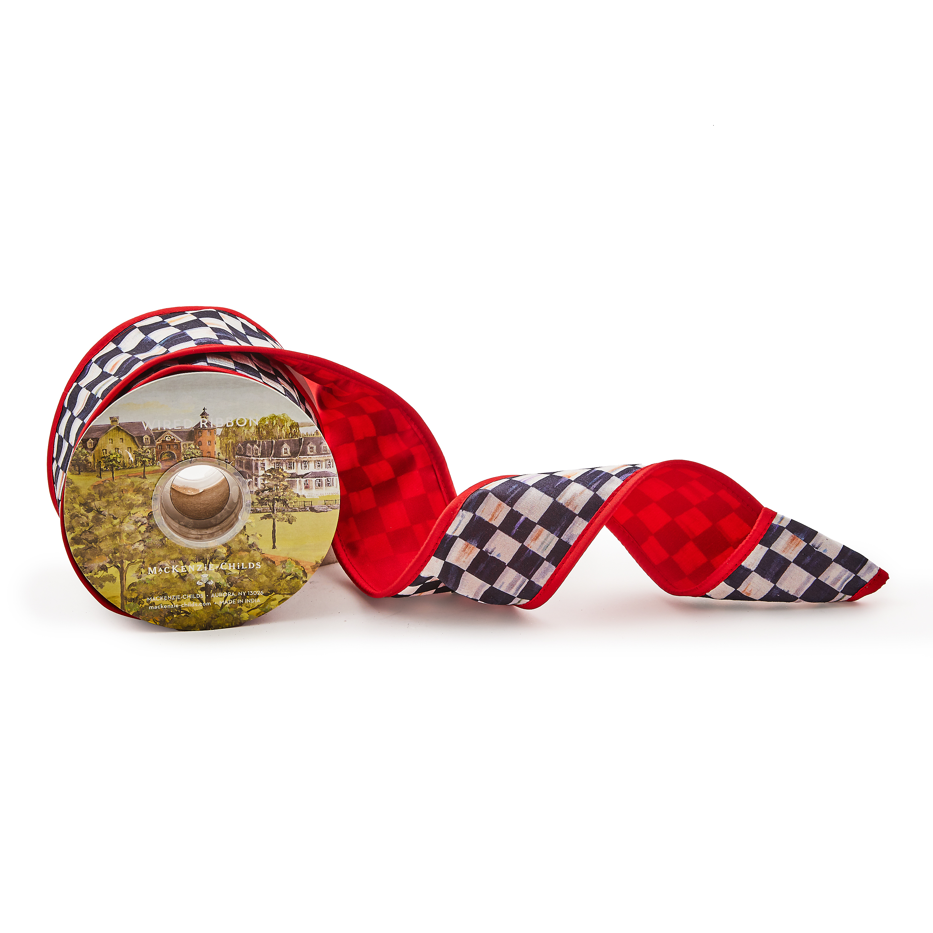Mackenzie-Childs Courtly Check, Black and White Checked Red Backed 2.5" Ribbon