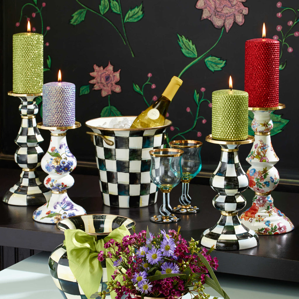 Mackenzie-Childs Courtly Check, Black and White Checked Enamel Pillar Candlestick - Large