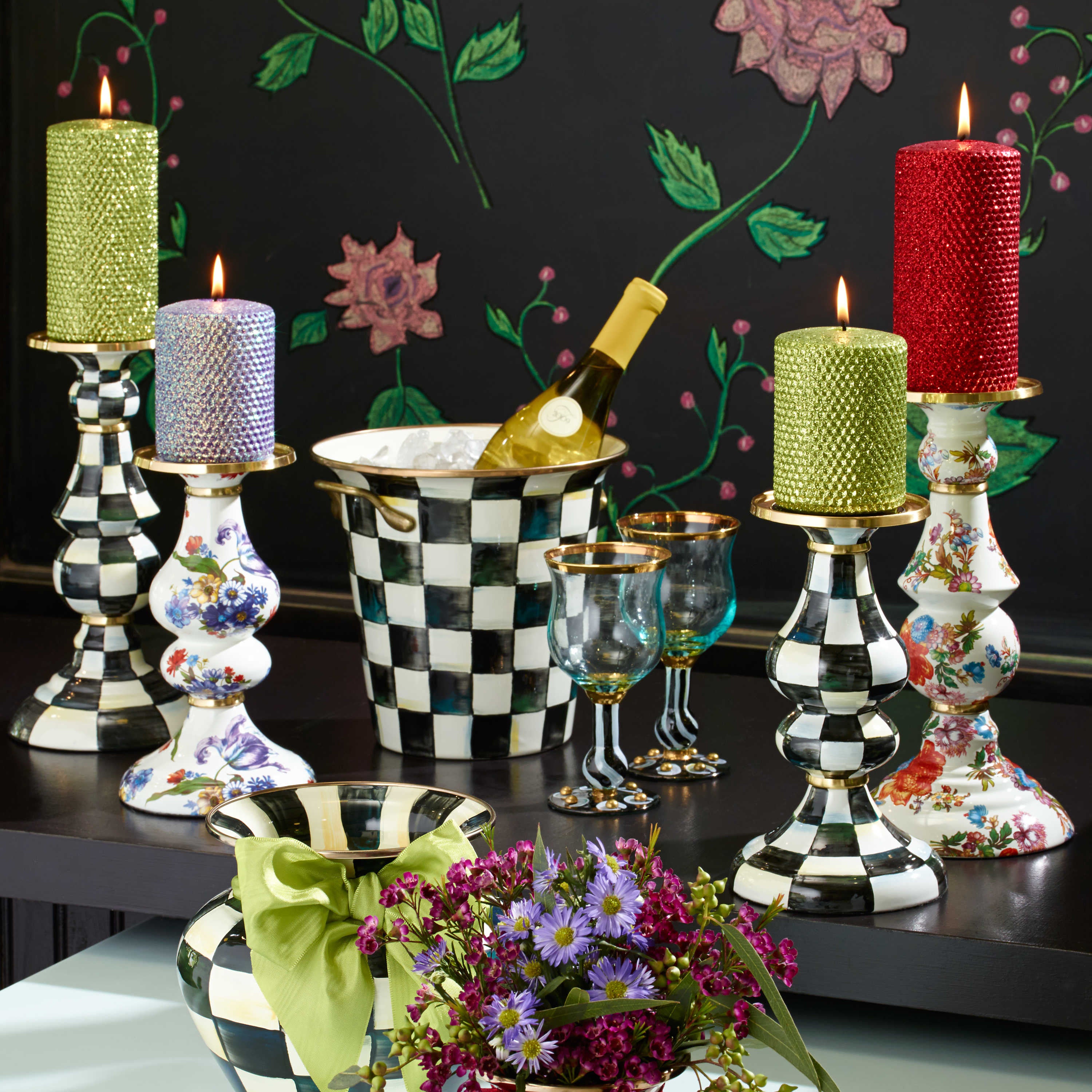 Mackenzie-Childs Courtly Check, Black and White Checked Enamel Pillar Candlestick - Large