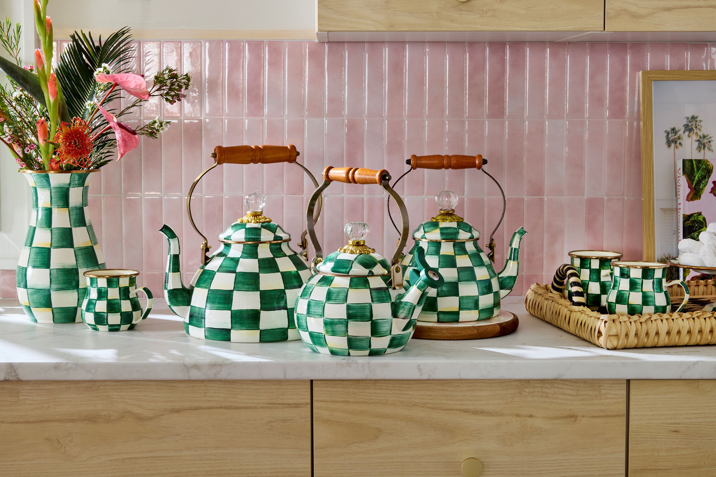 Mackenzie-Childs Emerald Check, Green and white checked 3 qaurt tea kettle