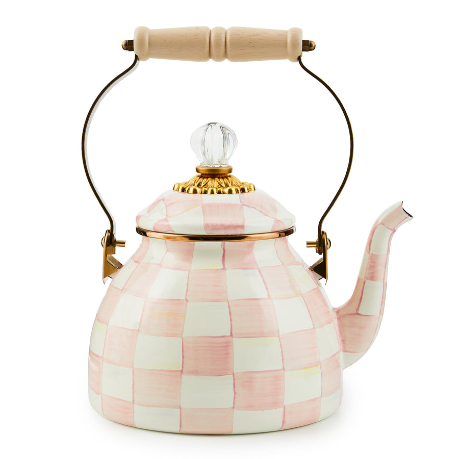 Mackenzie-Childs Rosy Check, pink and white checked 2qt tea kettle