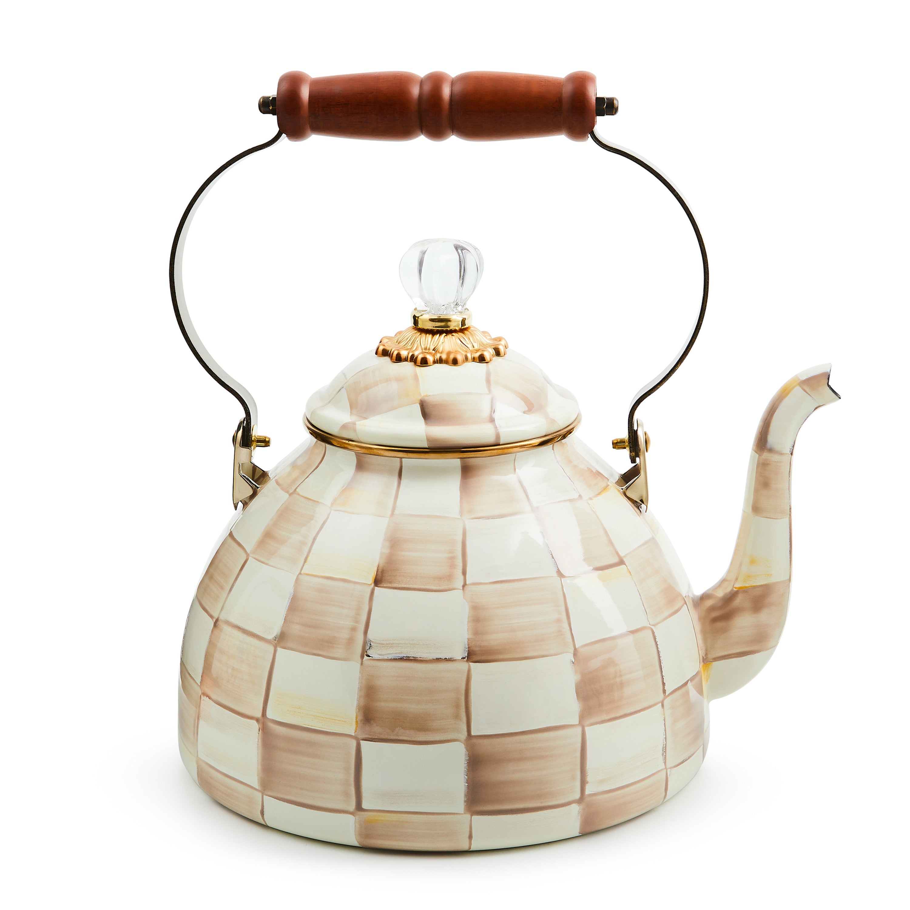Mackenzie-Childs Mocha Check, brown and white checked 3qt tea kettle