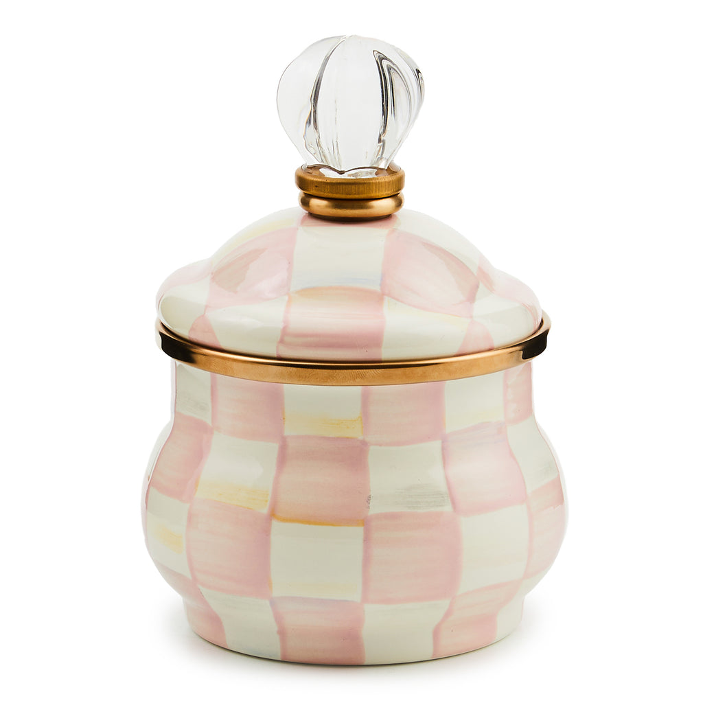 Mackenzie-Childs Rosy Check, pink and white checked enamel lidded sugar bowl
