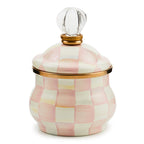 Mackenzie-Childs Rosy Check, pink and white checked enamel lidded sugar bowl