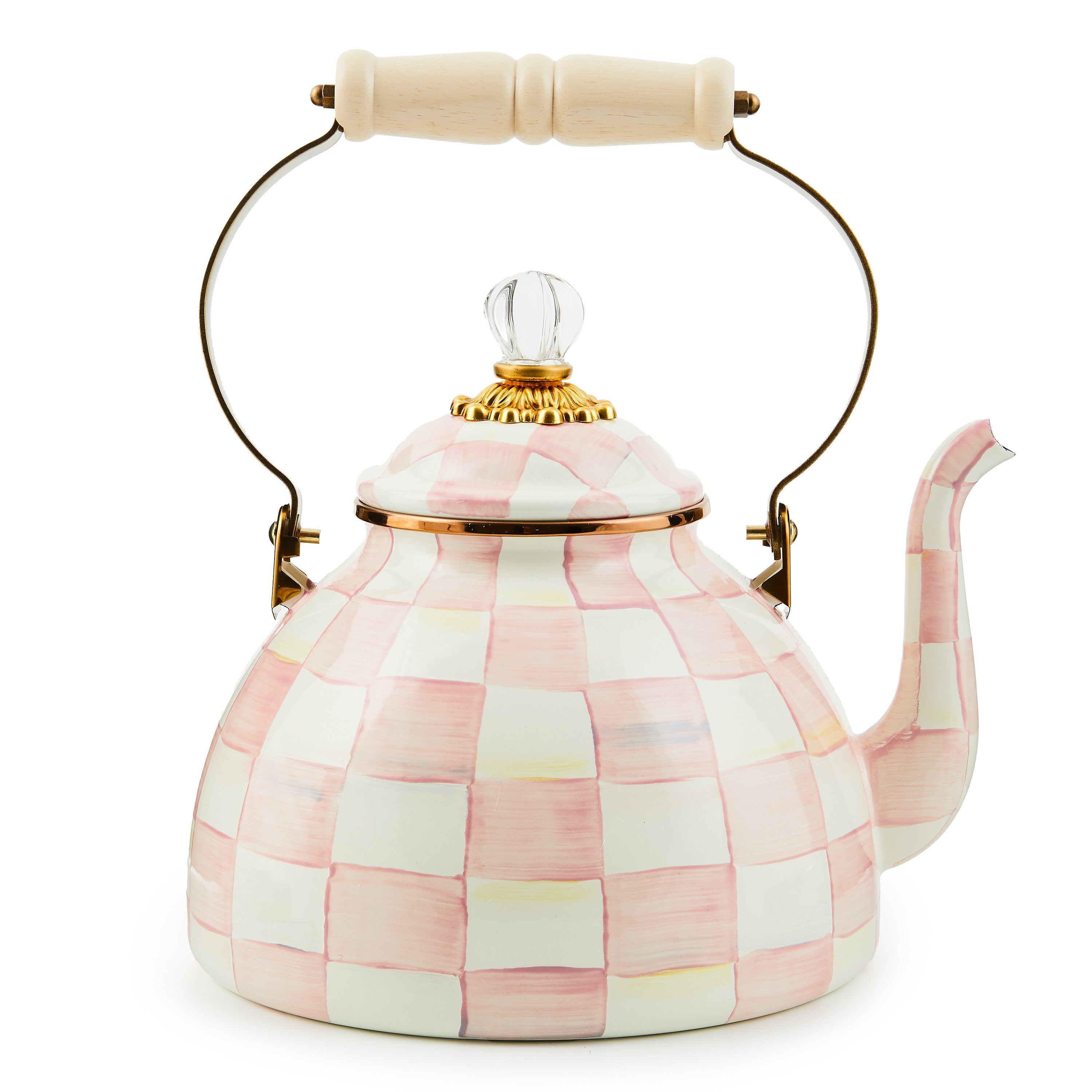 Mackenzie-Childs Rosy Check, pink and white checked 3qt tea kettle