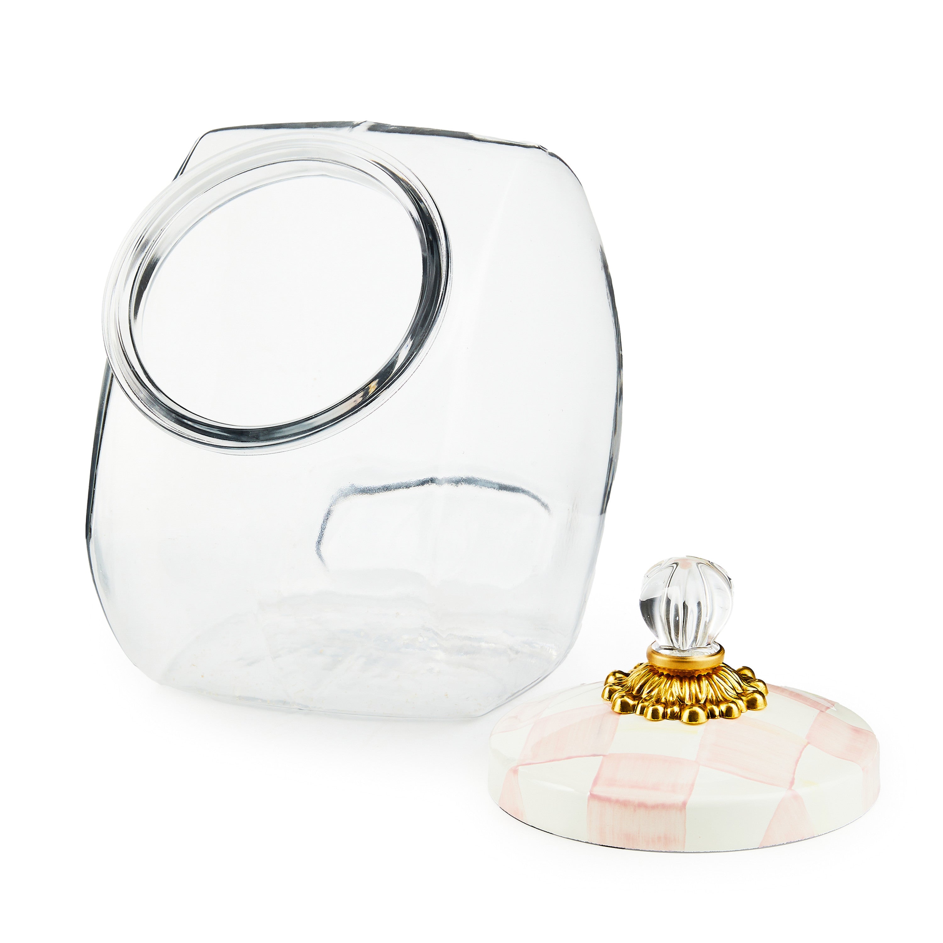 Mackenzie-Childs Rosy Check, glass and pink and white checked sweets jar