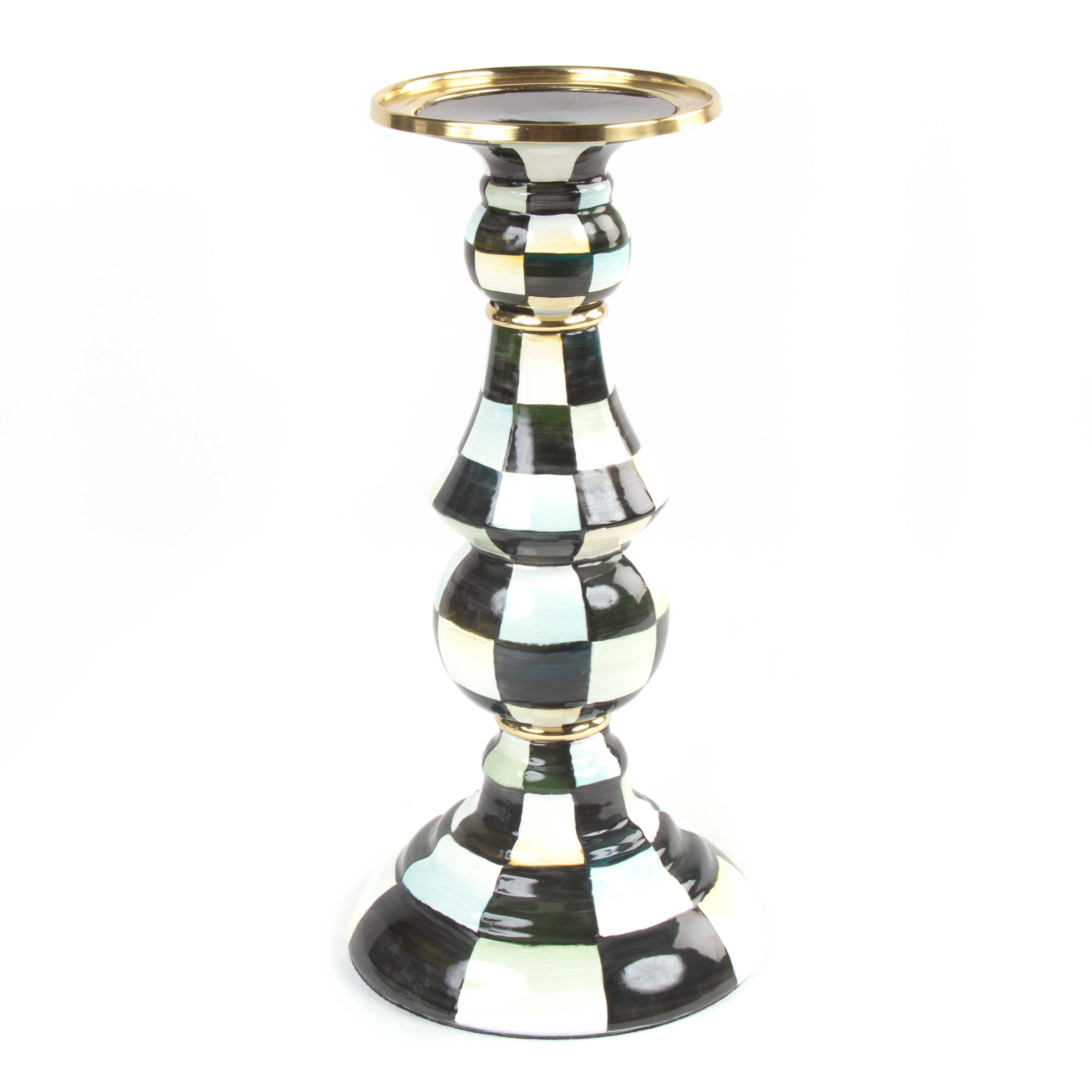 Mackenzie-Childs Courtly Check, Black and White Checked Enamel Pillar Candlestick - Large