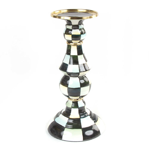 Mackenzie-Childs Courtly Check, Black and White Checked Enamel Pillar Candlestick - Large