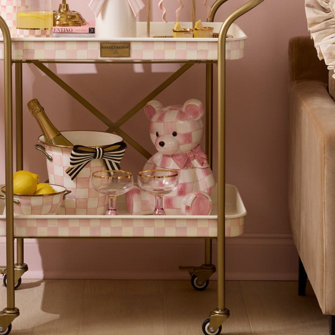 Mackenzie-Childs Rosy Check, pink and white checked, bear shaped cookie jar