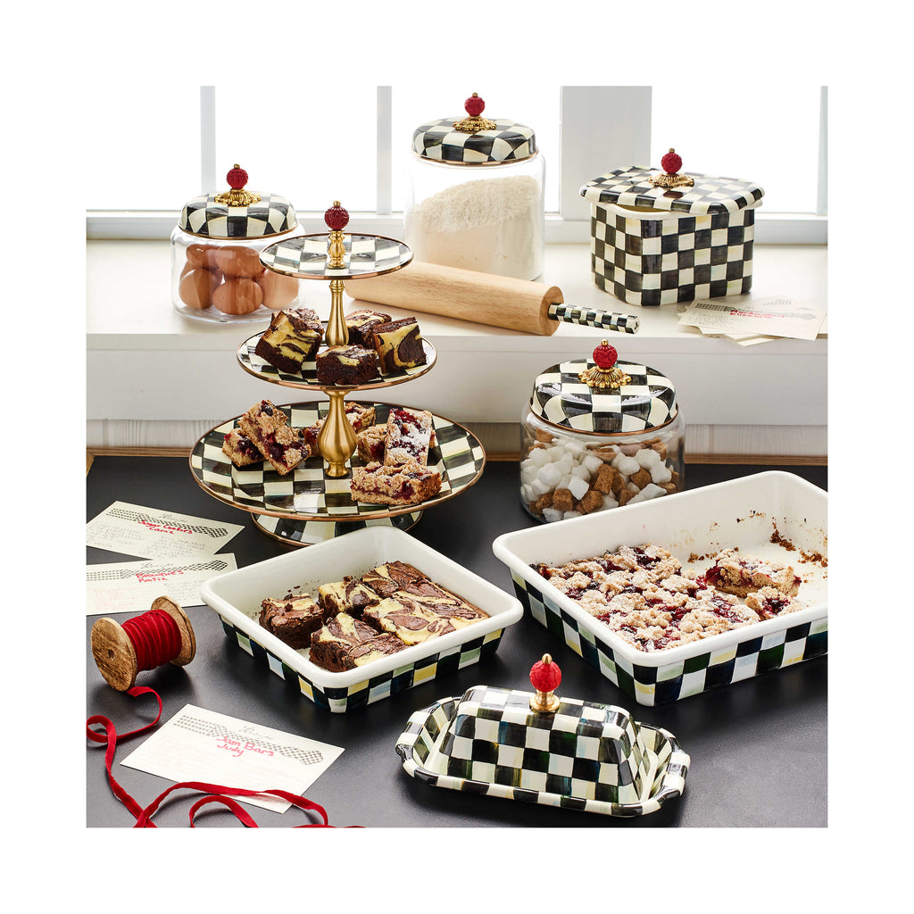 MacKenzie-Childs Courtly Check, Black and White Checked Enamel Three Tier Sweet Stand