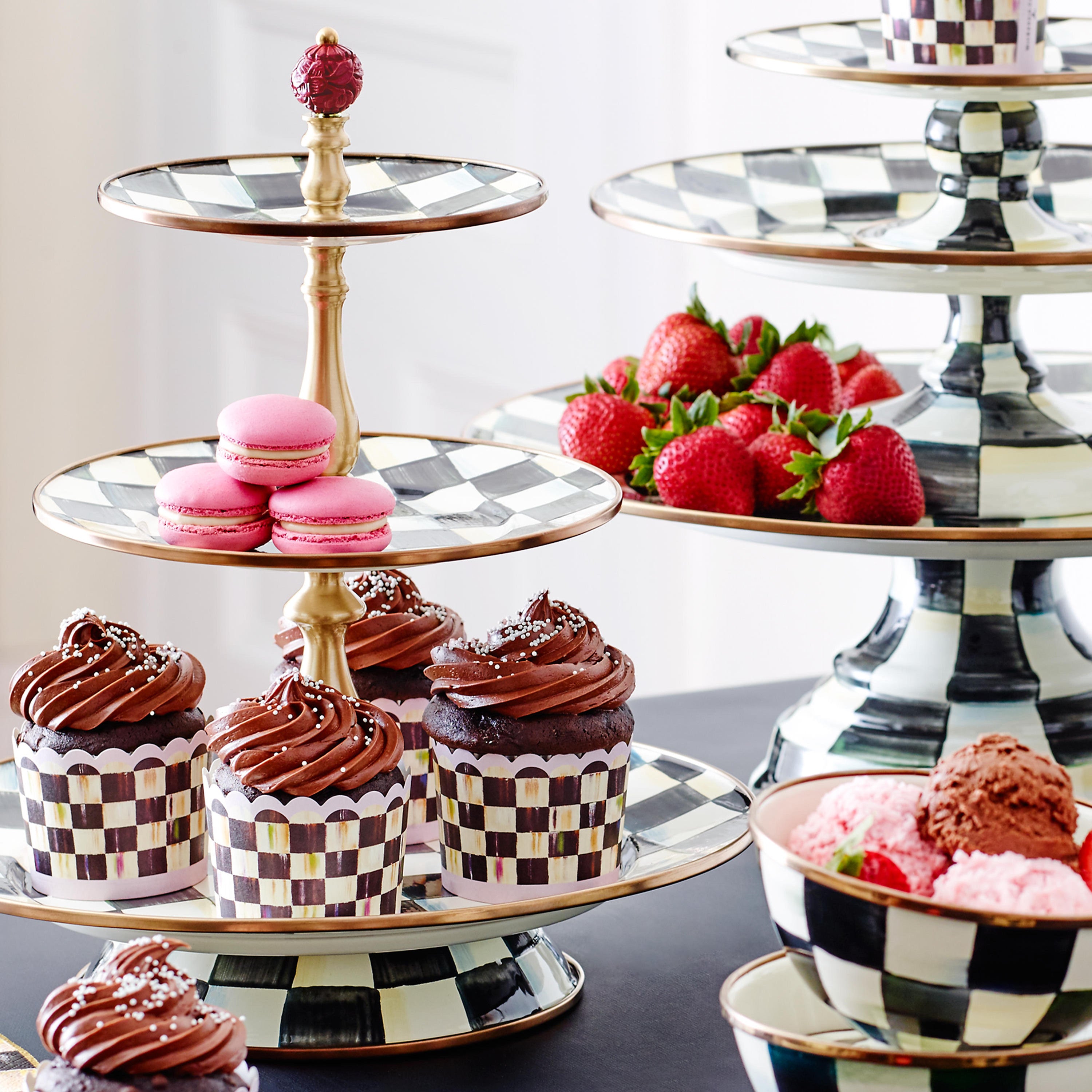 MacKenzie-Childs Courtly Check, Black and White Checked Enamel Three Tier Sweet Stand