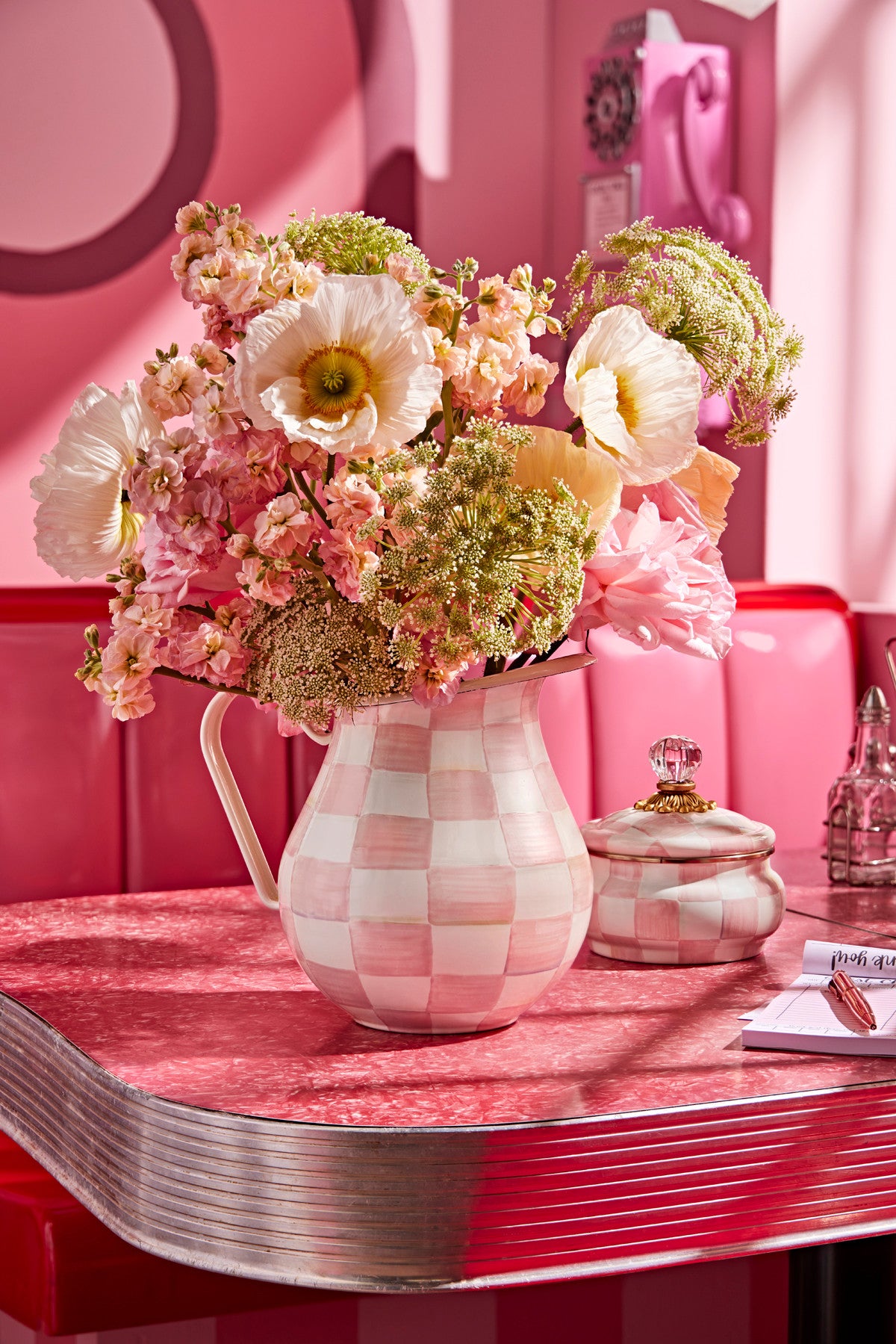 Mackenzie-Childs Rosy Check, pink and white checked pitcher