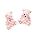 Mackenzie-Childs Rosy Check, pink and white checked bear shaped salt and pepper set