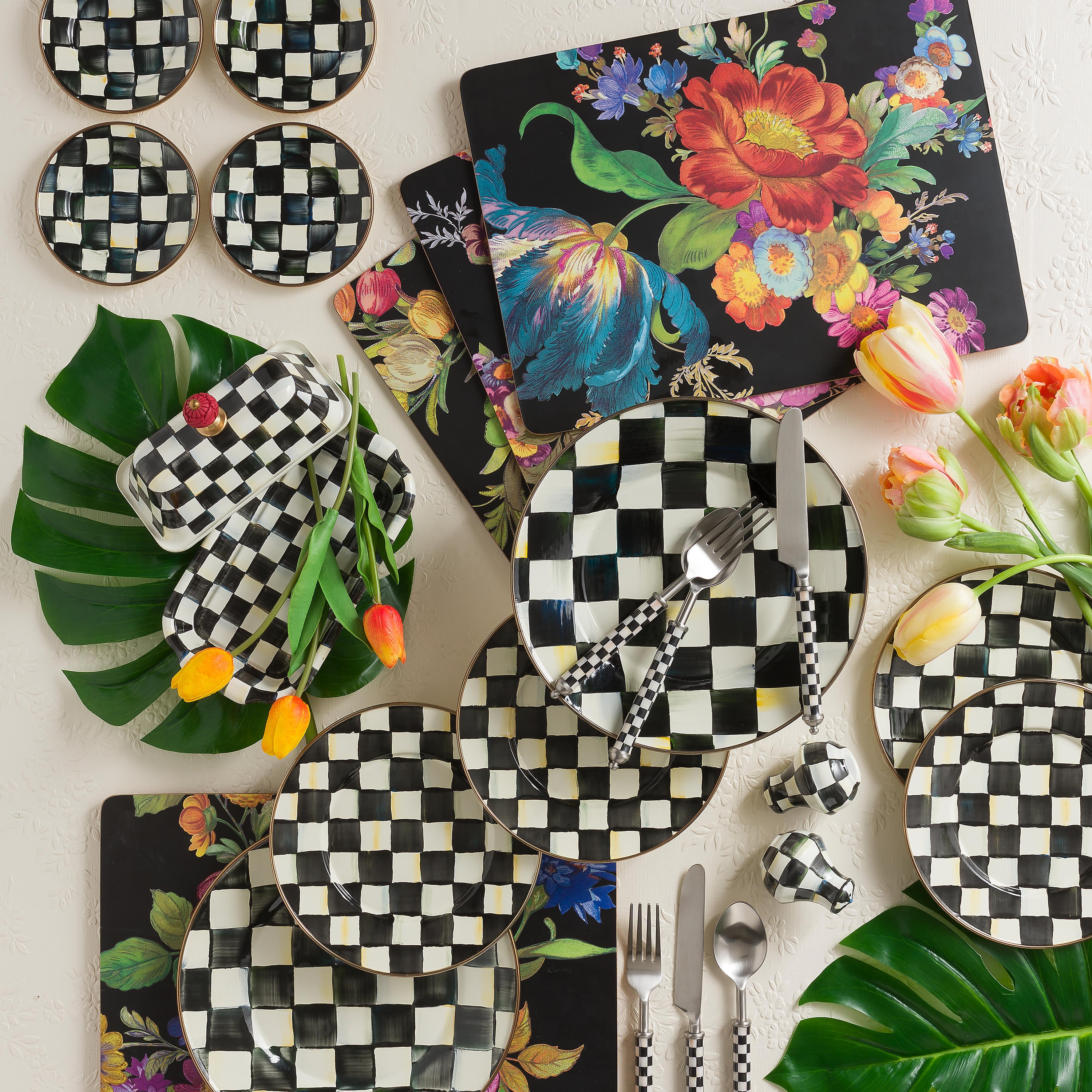 Mackenzie-Childs Courtly Check, Black and White Checked Enamel Canape Plates - set of 4
