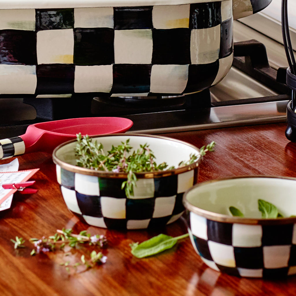 Mackenzie-Childs Courtly Check, Black and White Checked Enamel Pinch Bowl