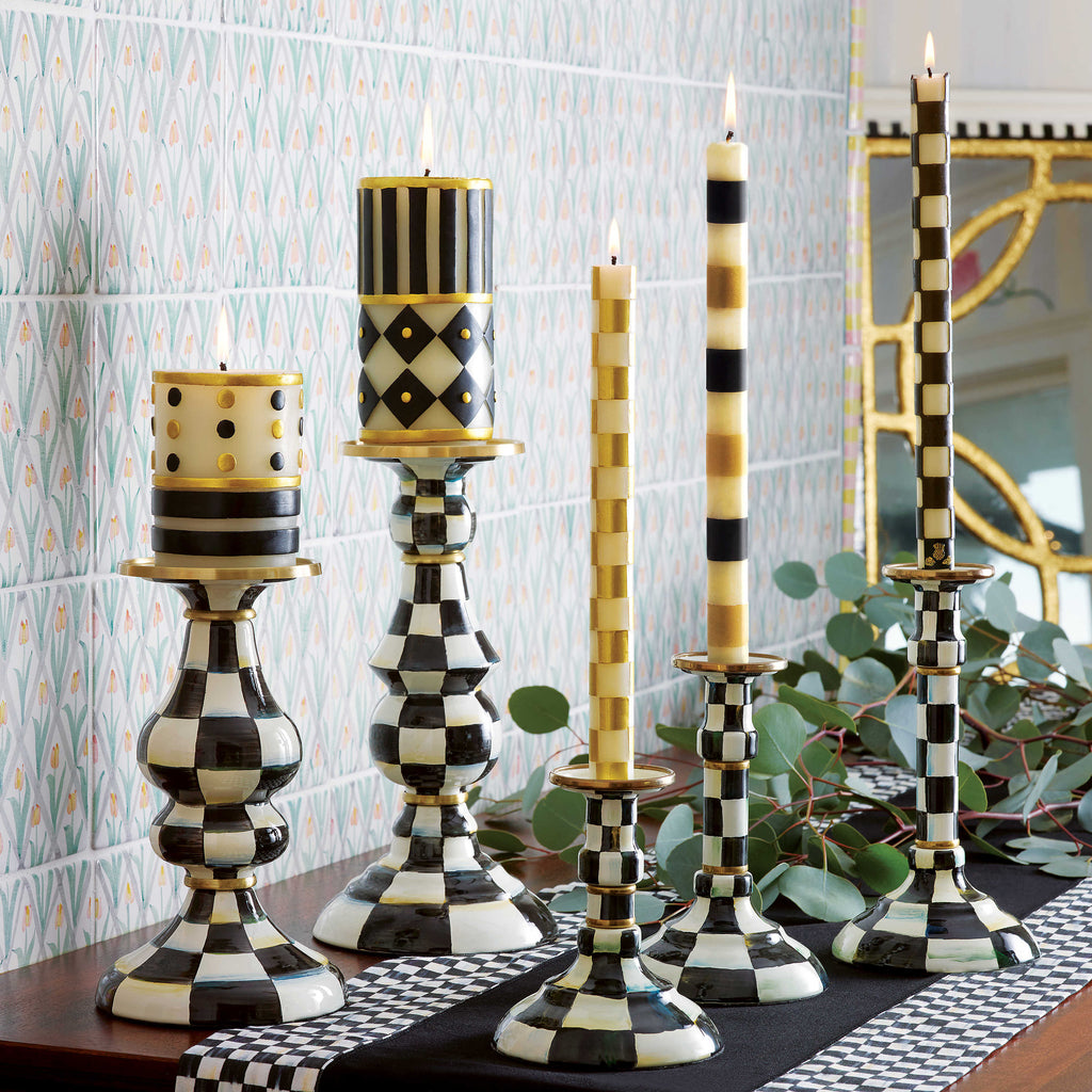 Mackenzie-Childs Courtly Check, Black and White Checked Enamel Pillar Candlestick - Large