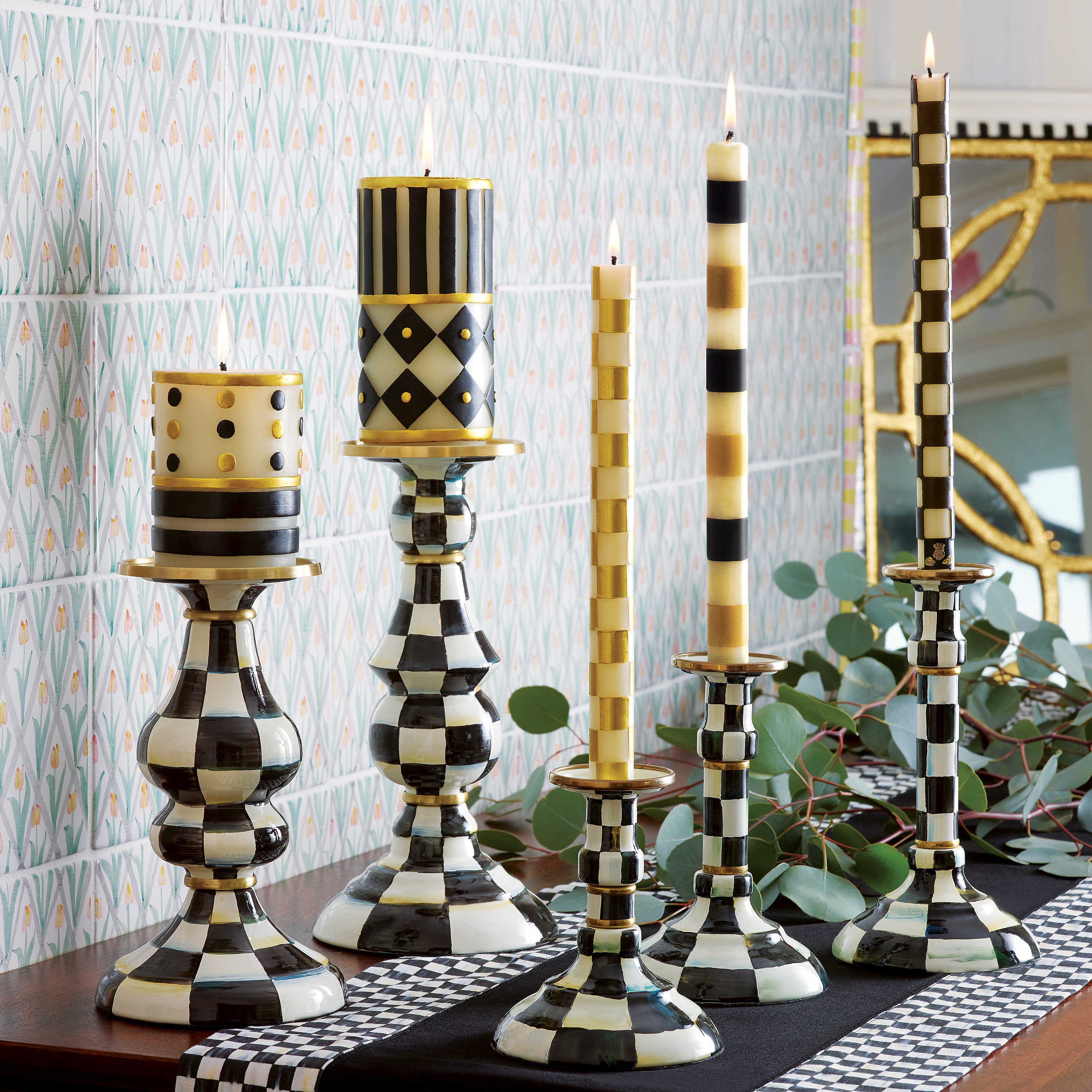 Mackenzie-Childs Courtly Check, Black and White Checked Enamel Pillar Candlestick - Large