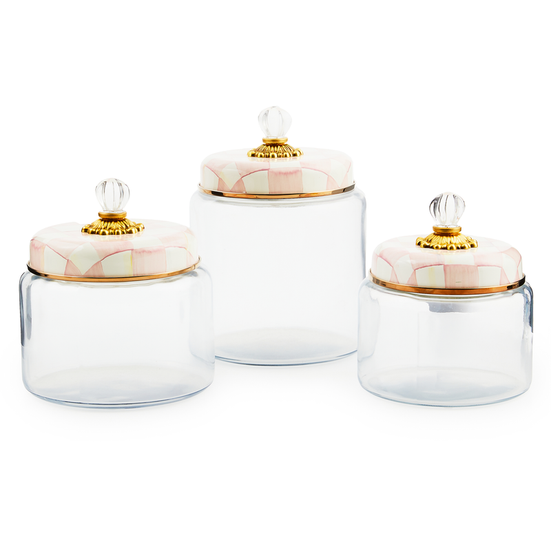 Mackenzie-Childs Rosy Check, glass and pink and white checked large kitchen canister