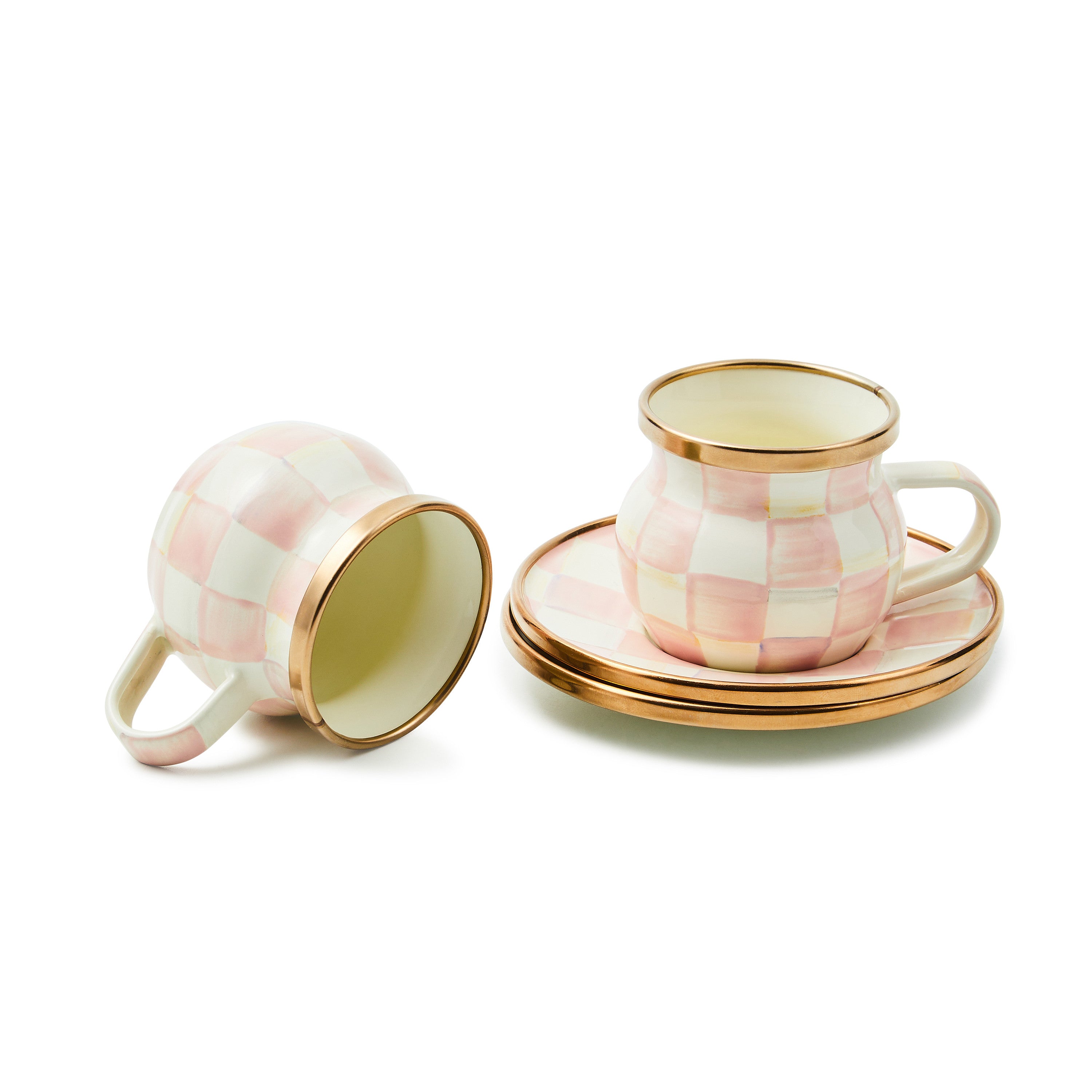 Mackenzie-Childs Rosy Check, pink and white checked espresso cup and saucer