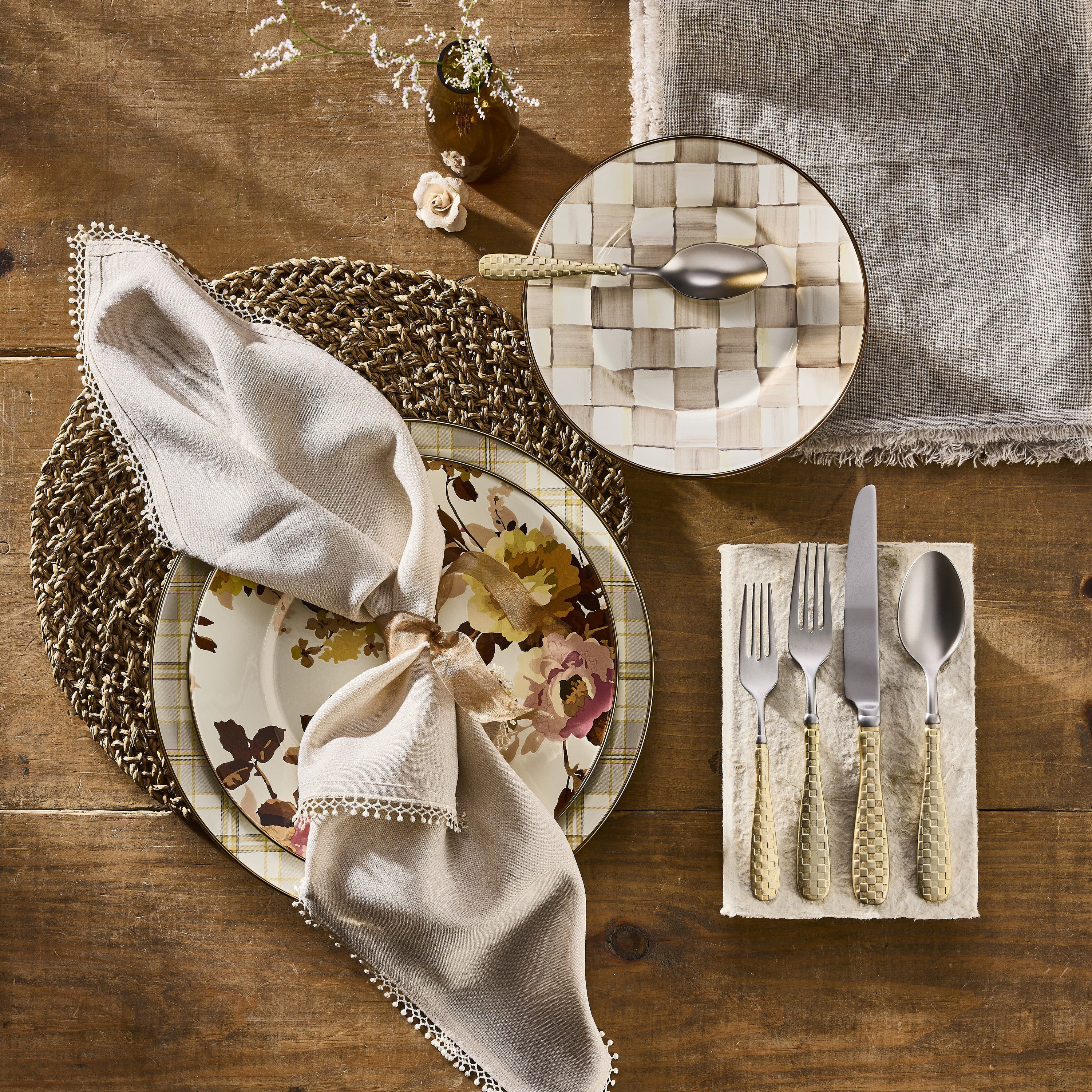 Mackenzie-Childs Mocha Check, brown and white checked salad plate