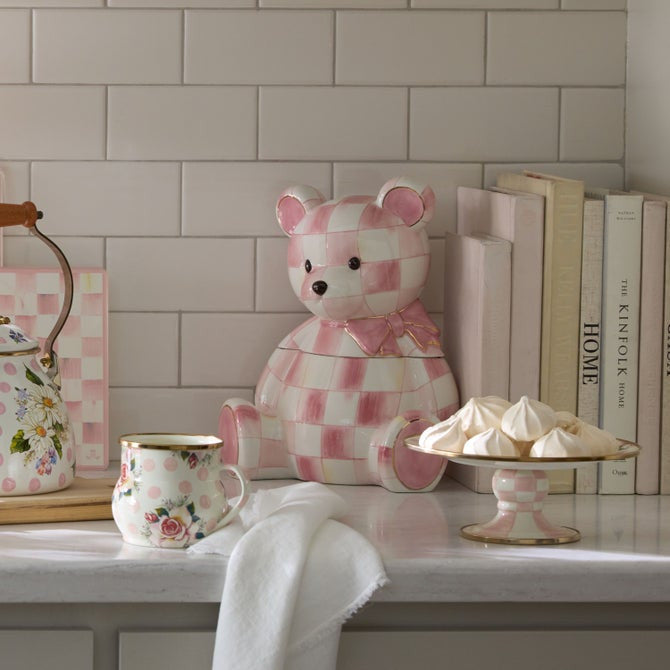 Mackenzie-Childs Rosy Check, pink and white checked, bear shaped cookie jar