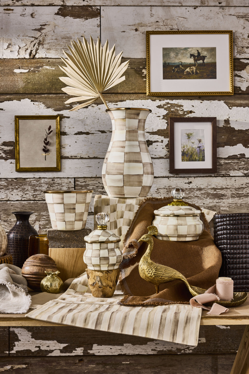 Mackenzie-Childs Mocha Check, brown and white checked squashed pot