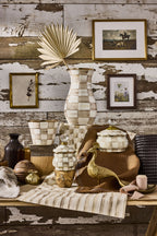 Mackenzie-Childs Mocha Check, brown and white checked squashed pot