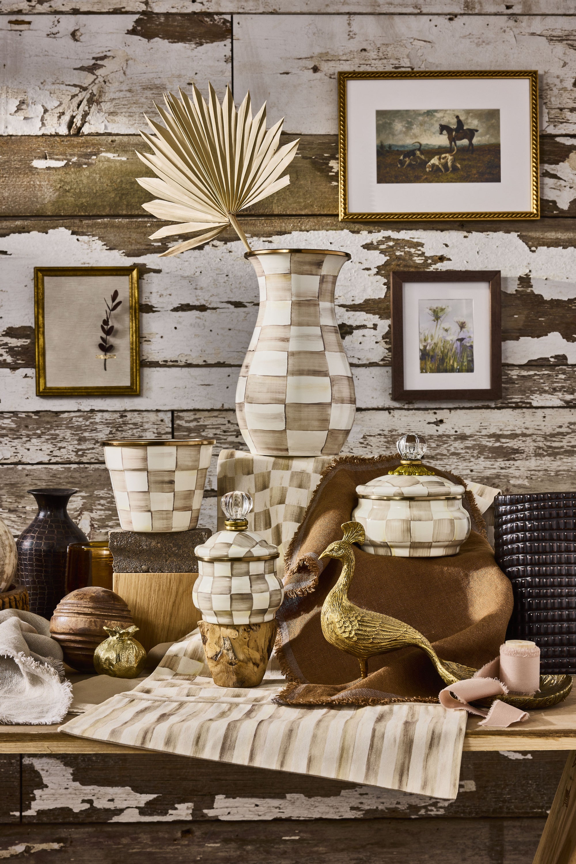 Mackenzie-Childs Mocha Check, brown and white checked squashed pot