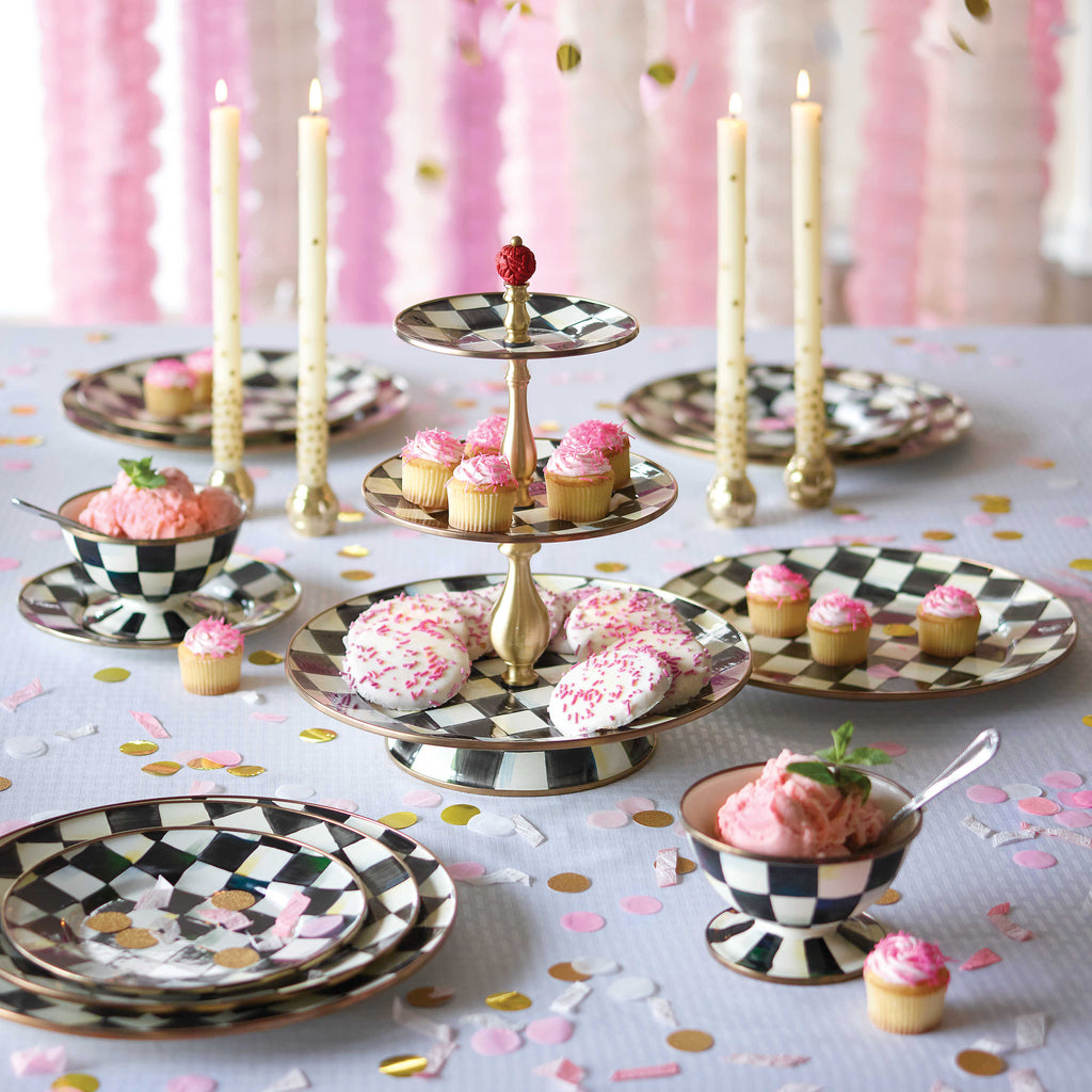MacKenzie-Childs Courtly Check, Black and White Checked Enamel Three Tier Sweet Stand